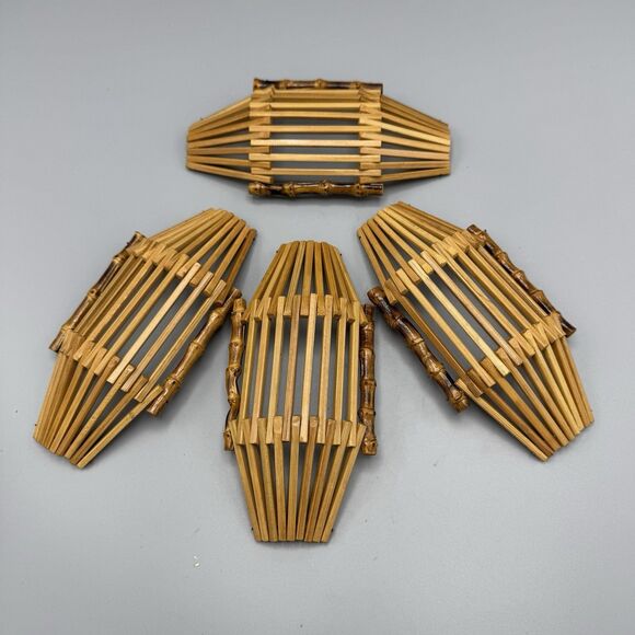 Vtg Set of 4 Top Bamboo Dish Boat Shape Dining Serveware Sushi Towel Holder - Picture 7 of 7